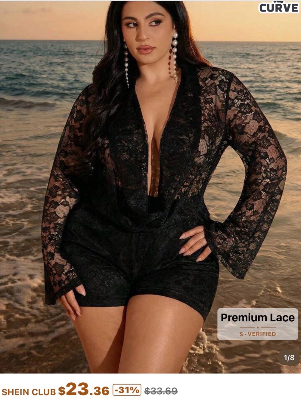 SHEIN Black Lace Long-Sleeve Deep V Bodysuit Romper